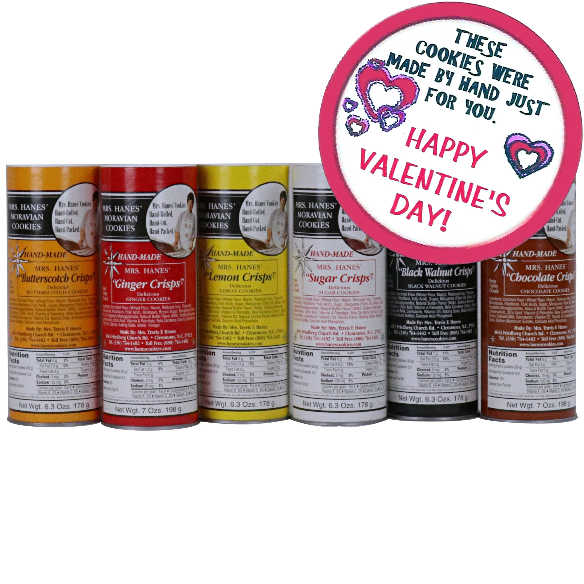 Six Tubes of Moravian Cookies (one of each flavor) with Valentine Labels
